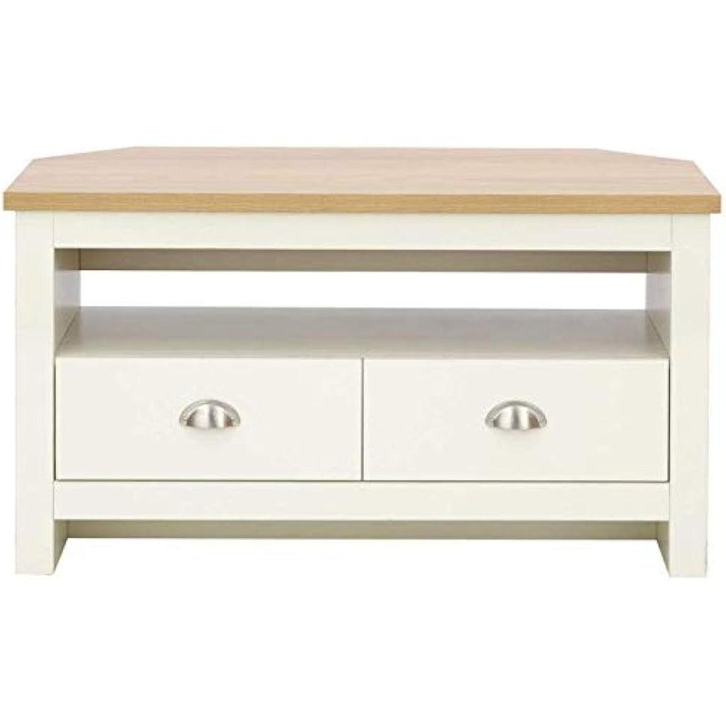 GFW Lancaster Corner TV Unit – Cream Wood Cabinet with 2 Drawers