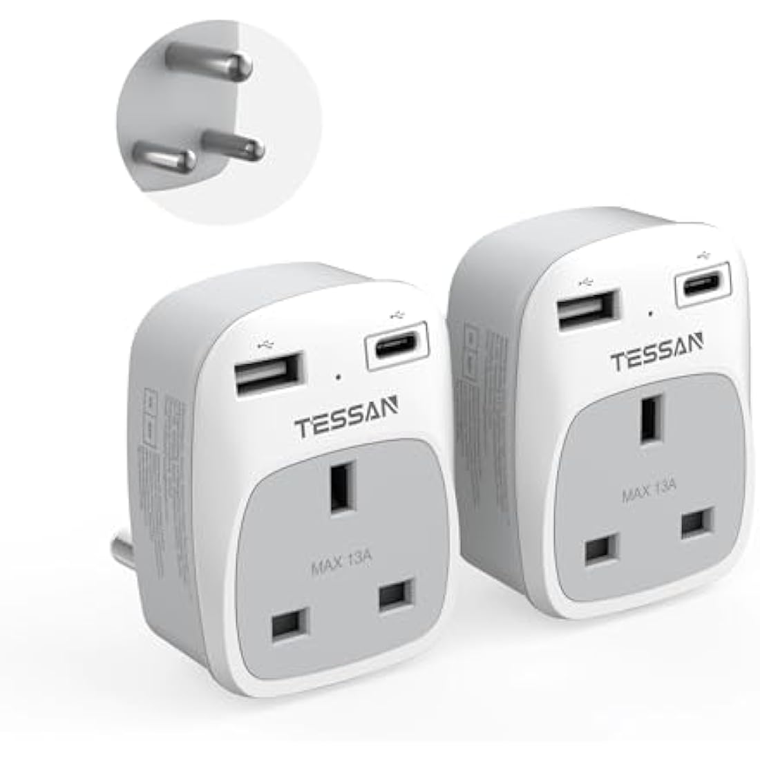 TESSAN UK to South Africa Plug Adapter 2 Pack | Type M with USB C