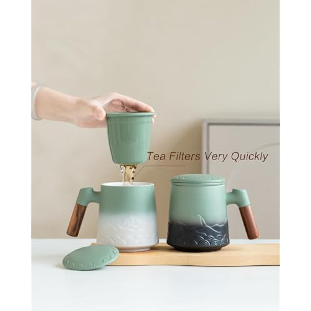 ZENS Ceramic Tea Infuser Mug with Wood Handle and Lid - 500ml Green