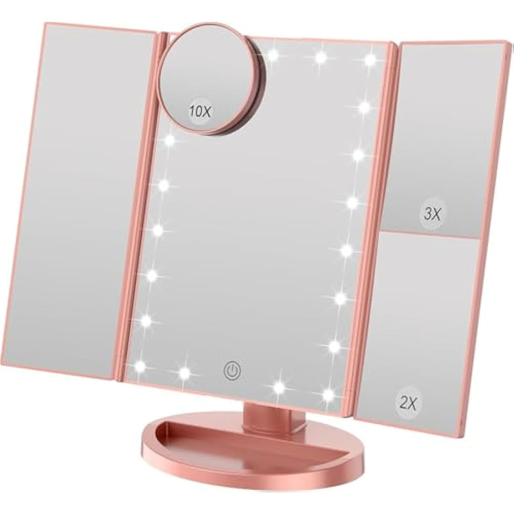 WEILY Tri-fold LED Makeup Mirror | 2X/3X Magnification - Rose Gold