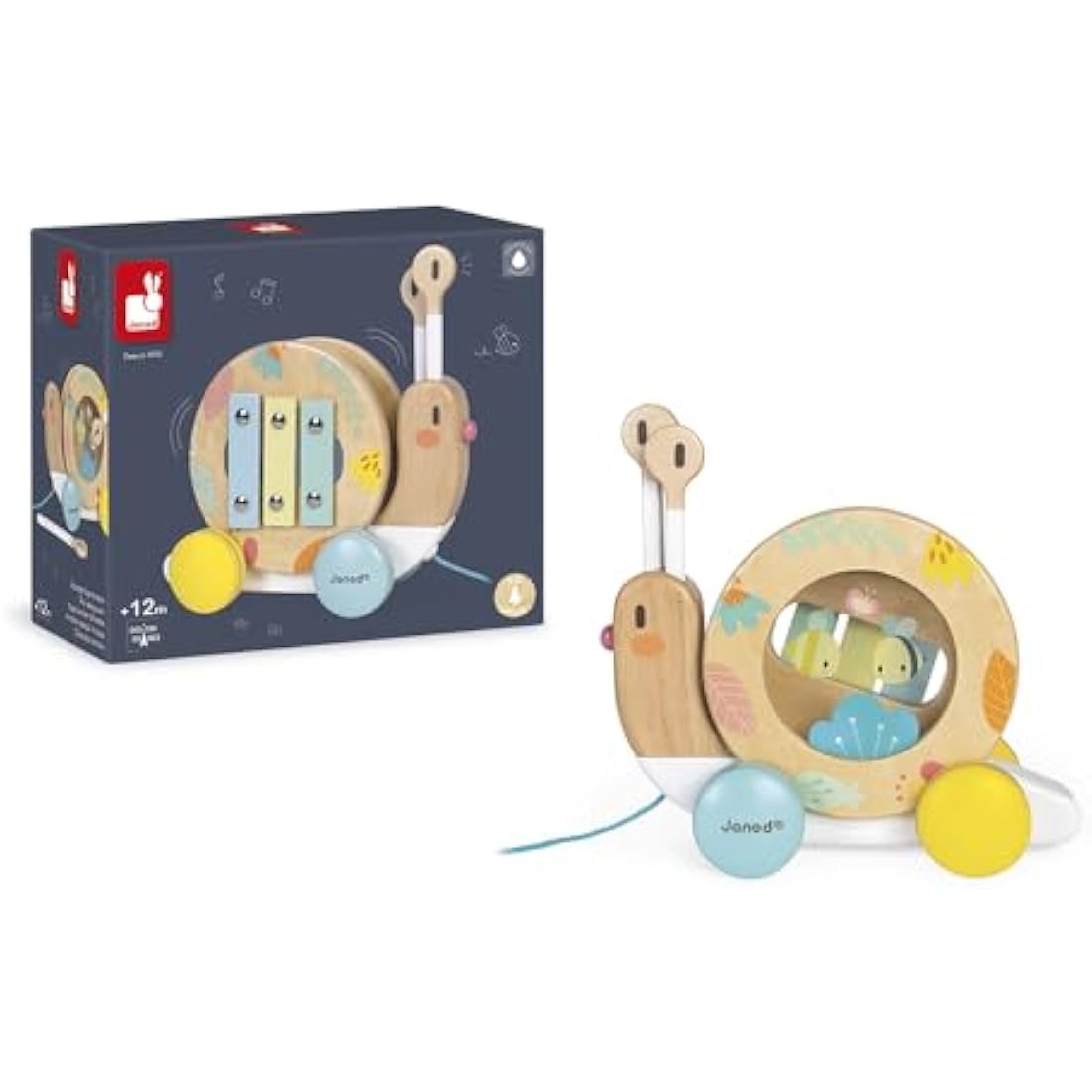 Janod Pure Wooden Pull-Along Snail | Musical Xylophone & Tambourine Toy