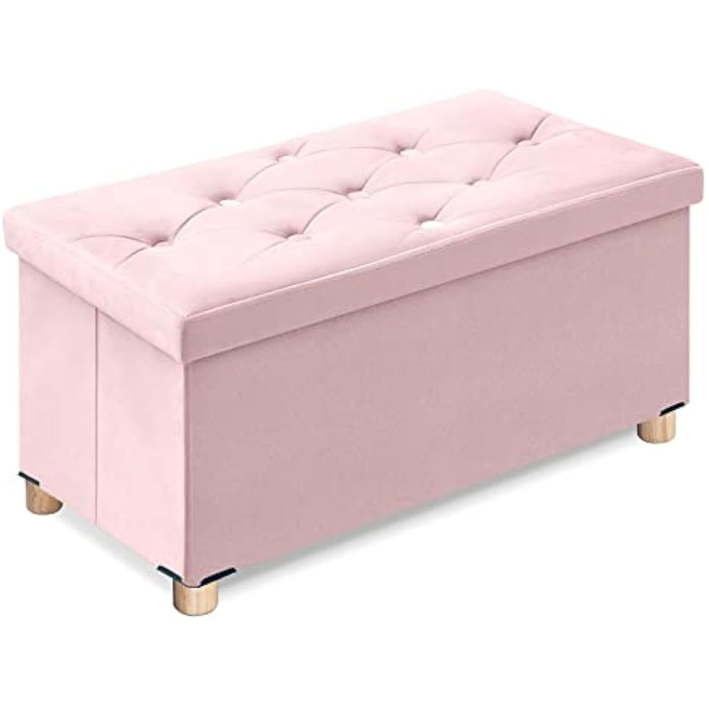 Pink Velvet Storage Ottoman – Foldable Stool with Wood Legs