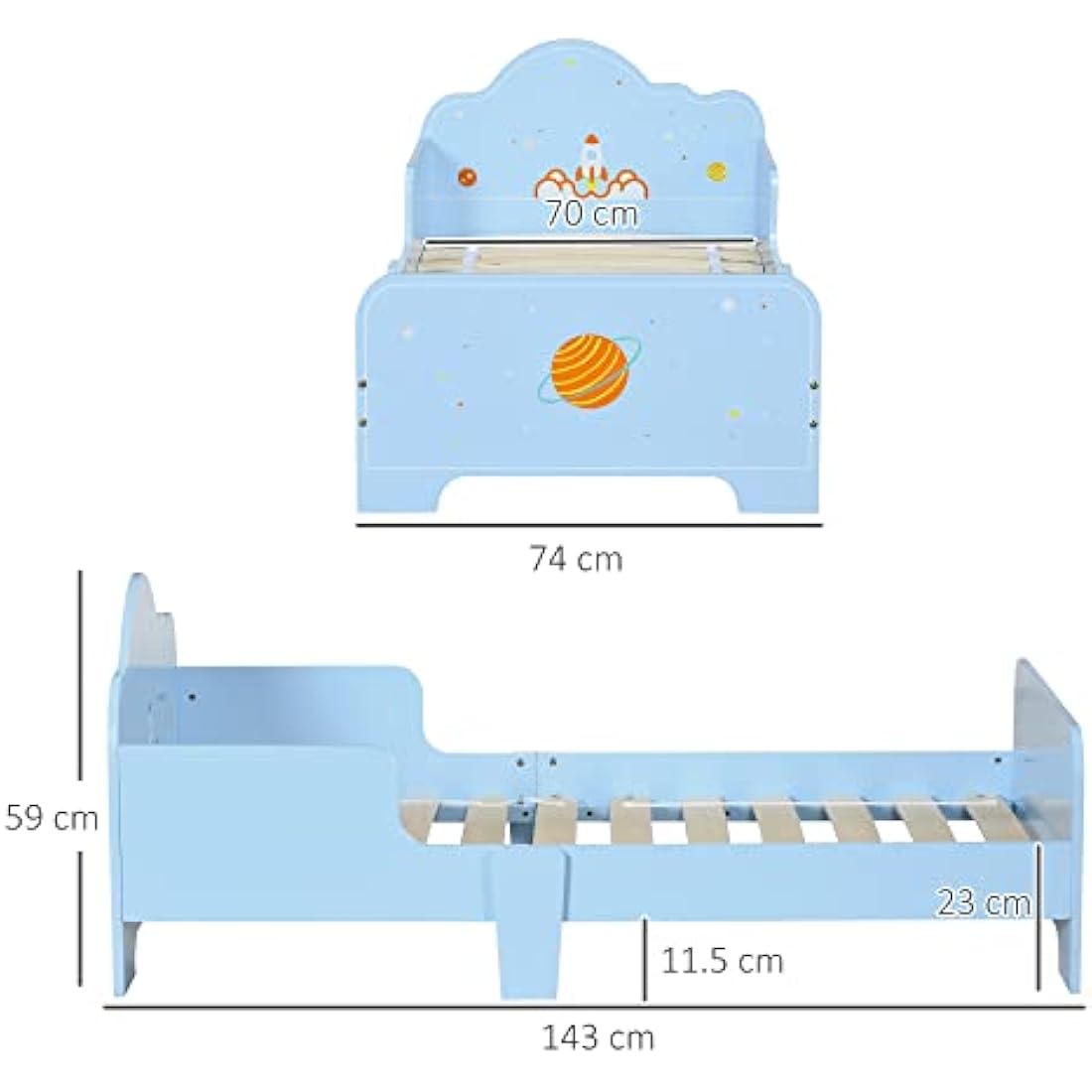 ZONEKIZ Kids Toddler Bed | Space Theme Blue Bed with Safety Rails