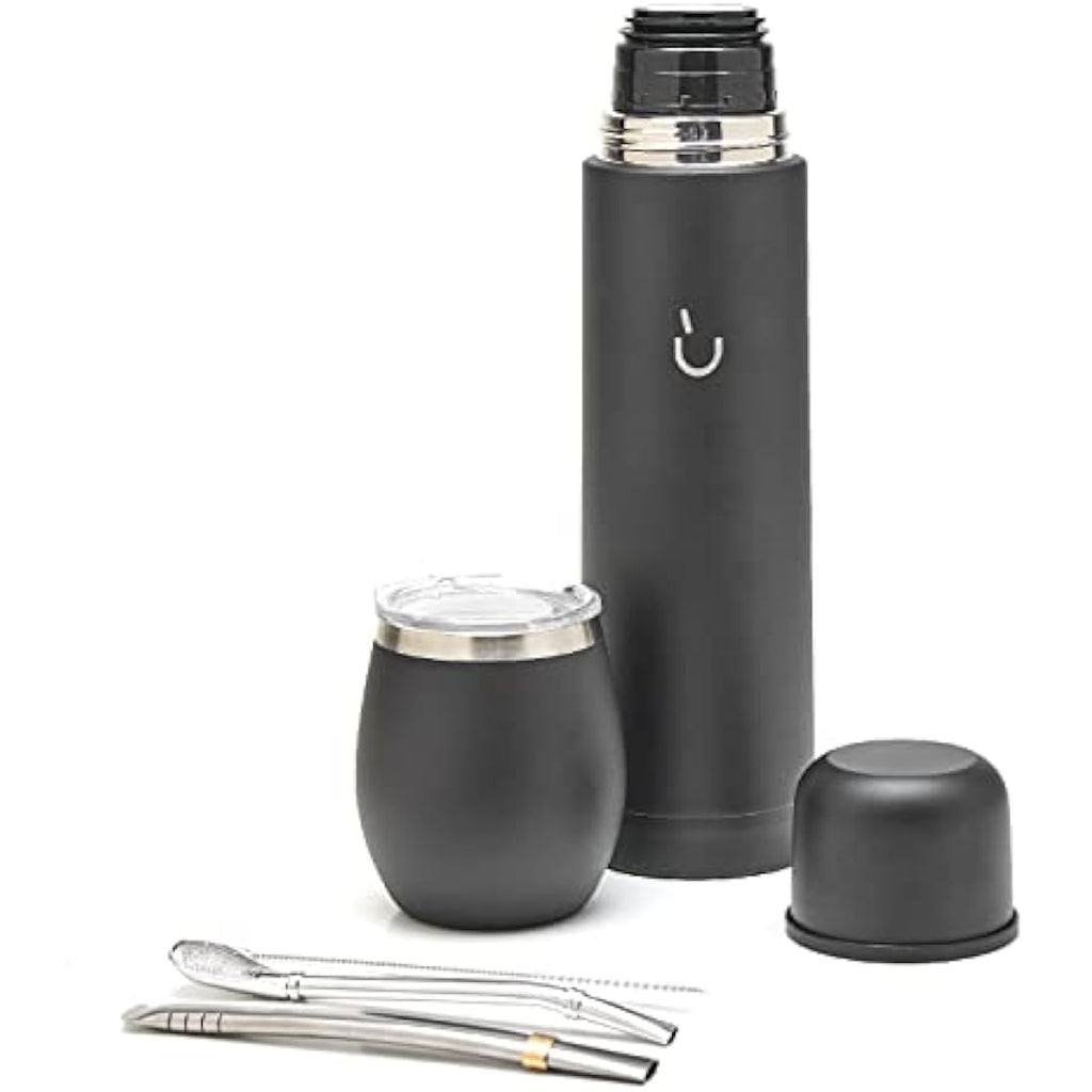 Balibetov Yerba Mate Set – Stainless Steel Gourd, Flask and Bombilla (Black)