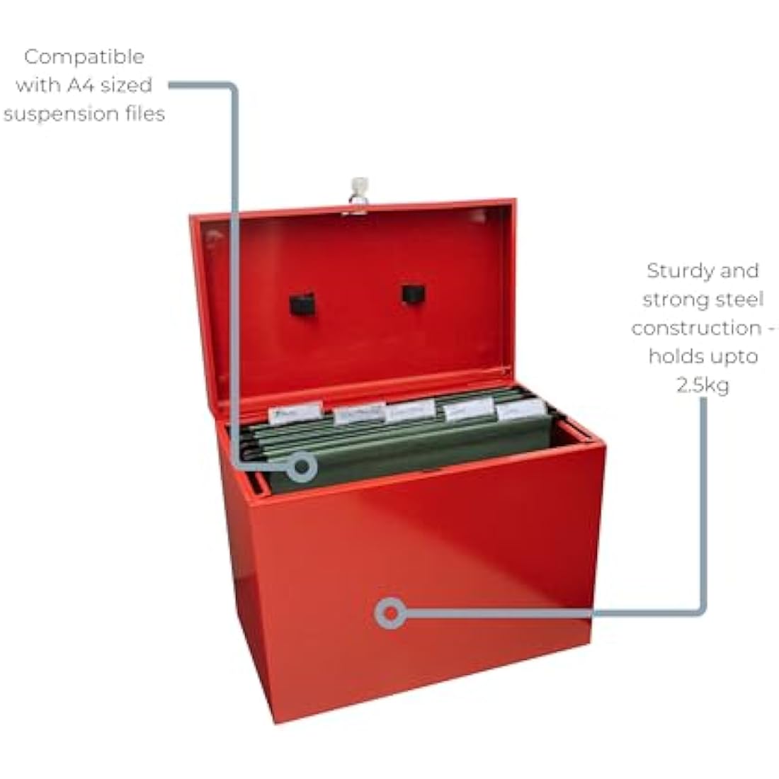 Cathedral A4 Steel File Box with 5 Suspension Files & Lock – Red
