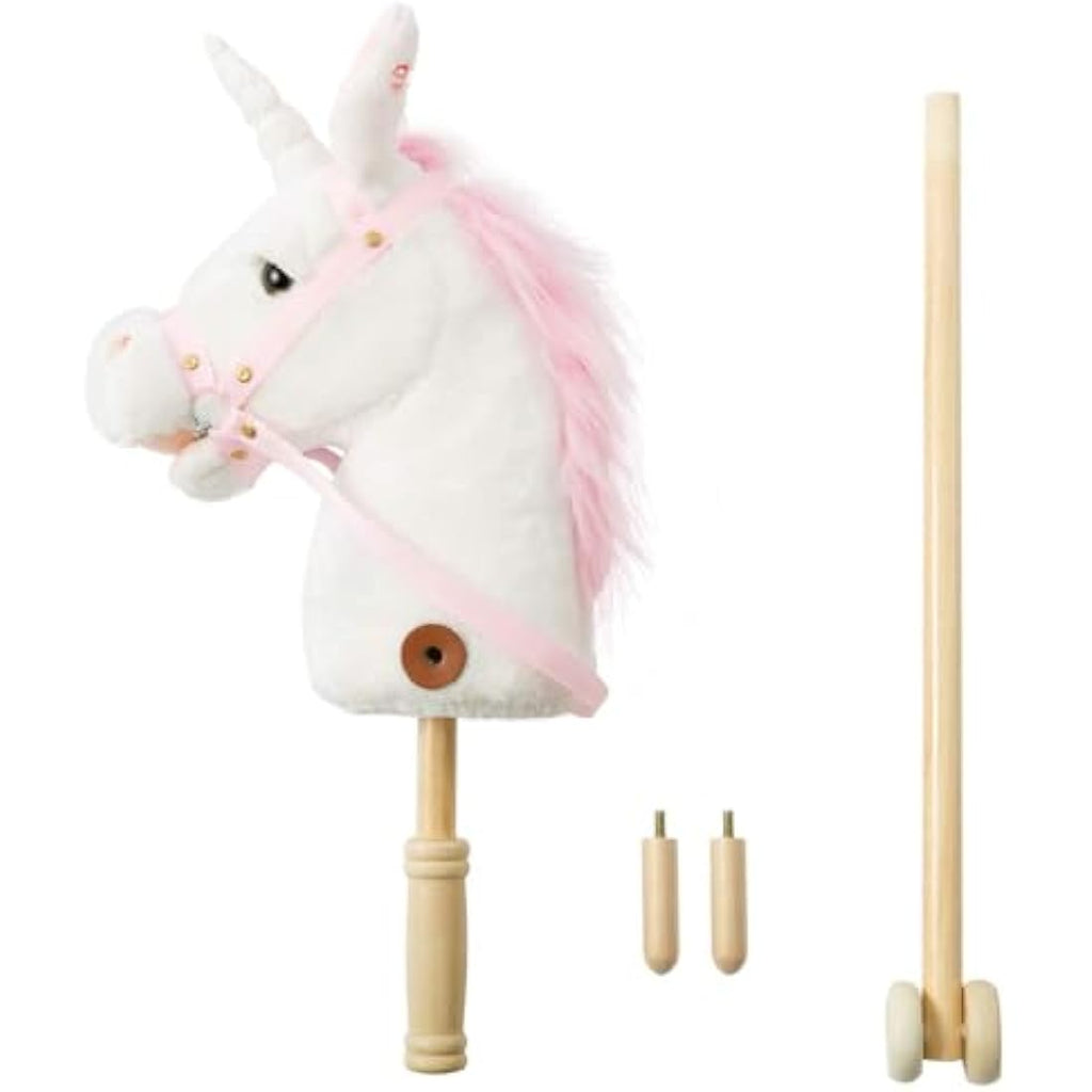 BEJOY Plush Unicorn Hobby Horse with Sound and Wood Wheels – White, 37"