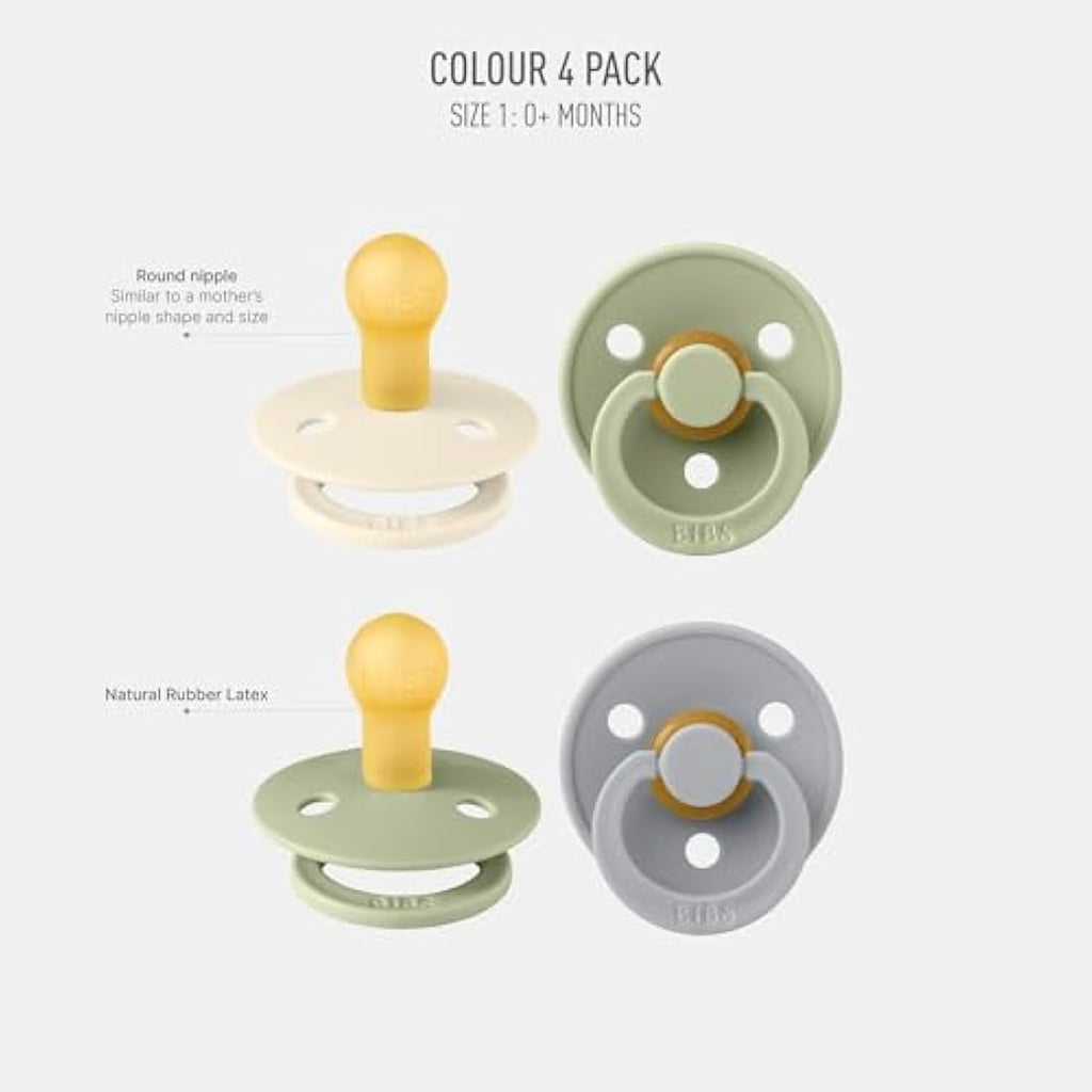 BIBS Colour Pacifiers | Natural Rubber Latex Soothers 4-Pack | Sage Mix