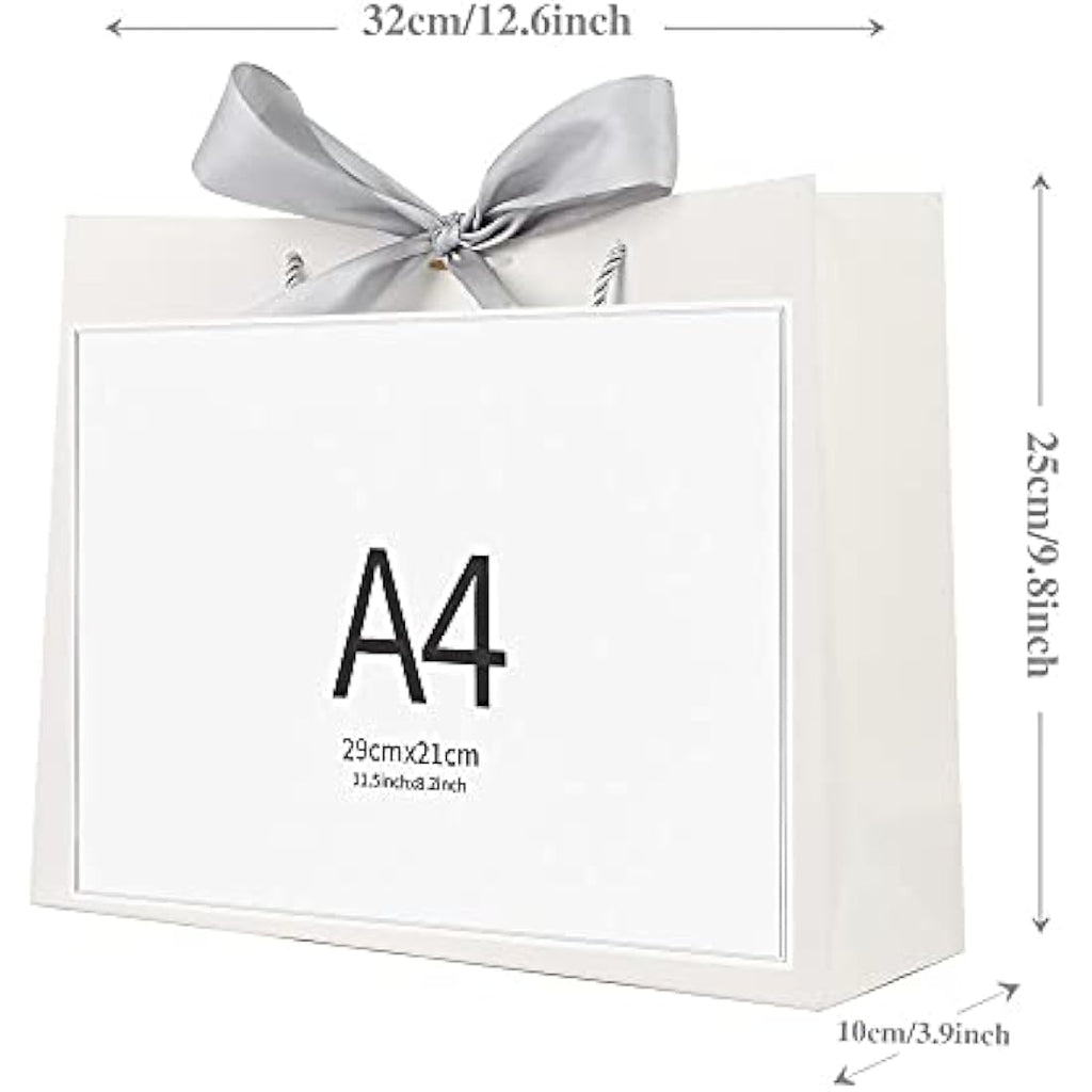 White Paper Gift Bags with Silver Bow Ribbon - 8 Pack