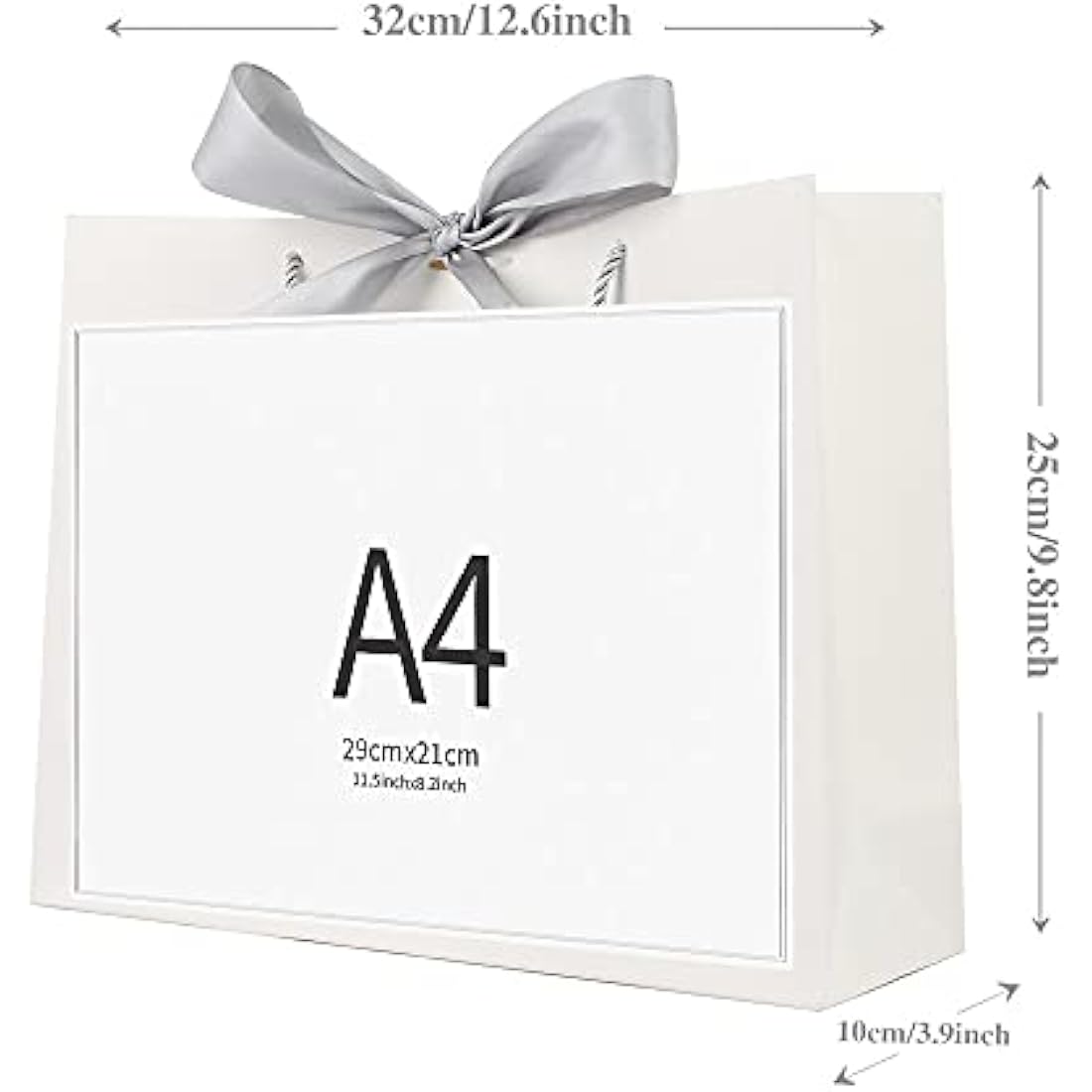 White Paper Gift Bags with Silver Bow Ribbon - 8 Pack