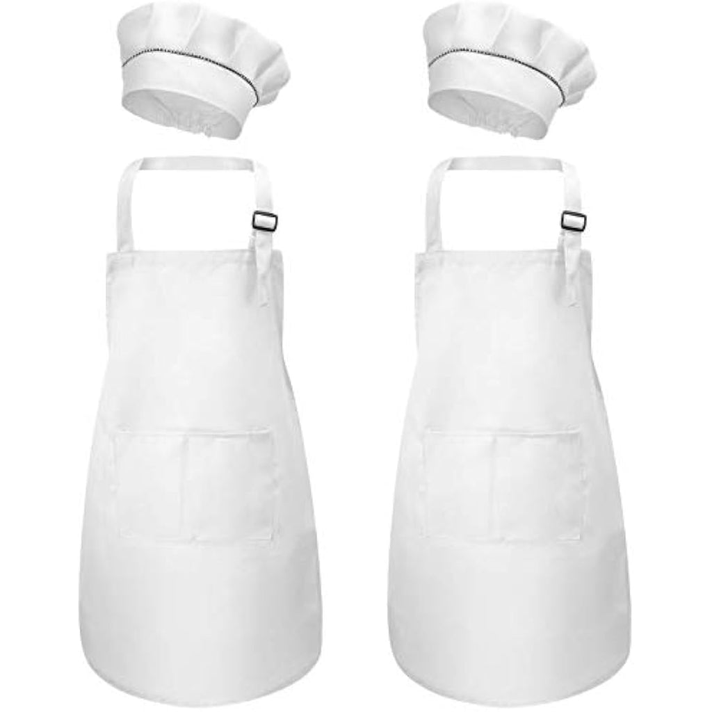 Kids Apron and Chef Hat Set – White Adjustable Bib with Pockets