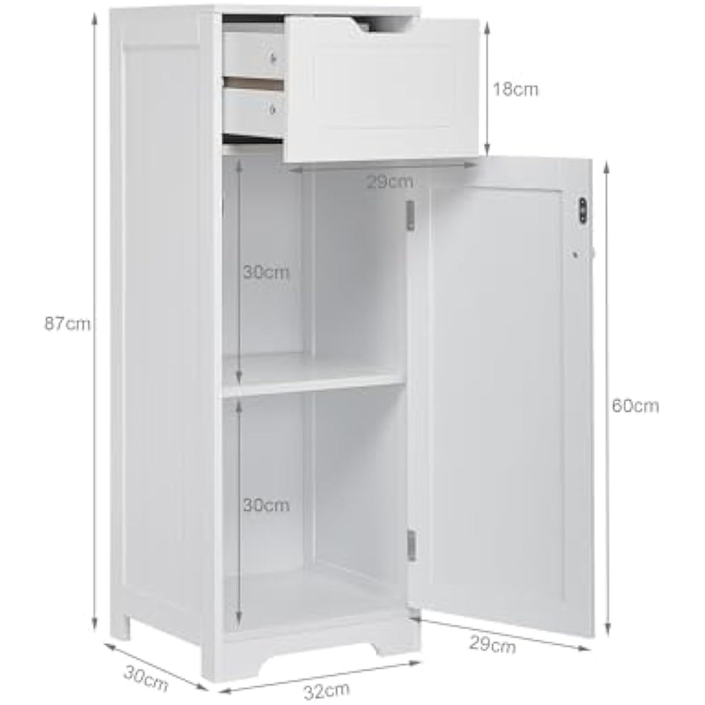 Jolof Store White MDF Bathroom Floor Cabinet with Drawer and Shelves