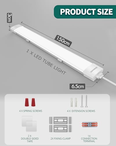 KUKUMAO 5FT LED Batten Light – 45W 6000K IP66 Waterproof Linkable Shop Light