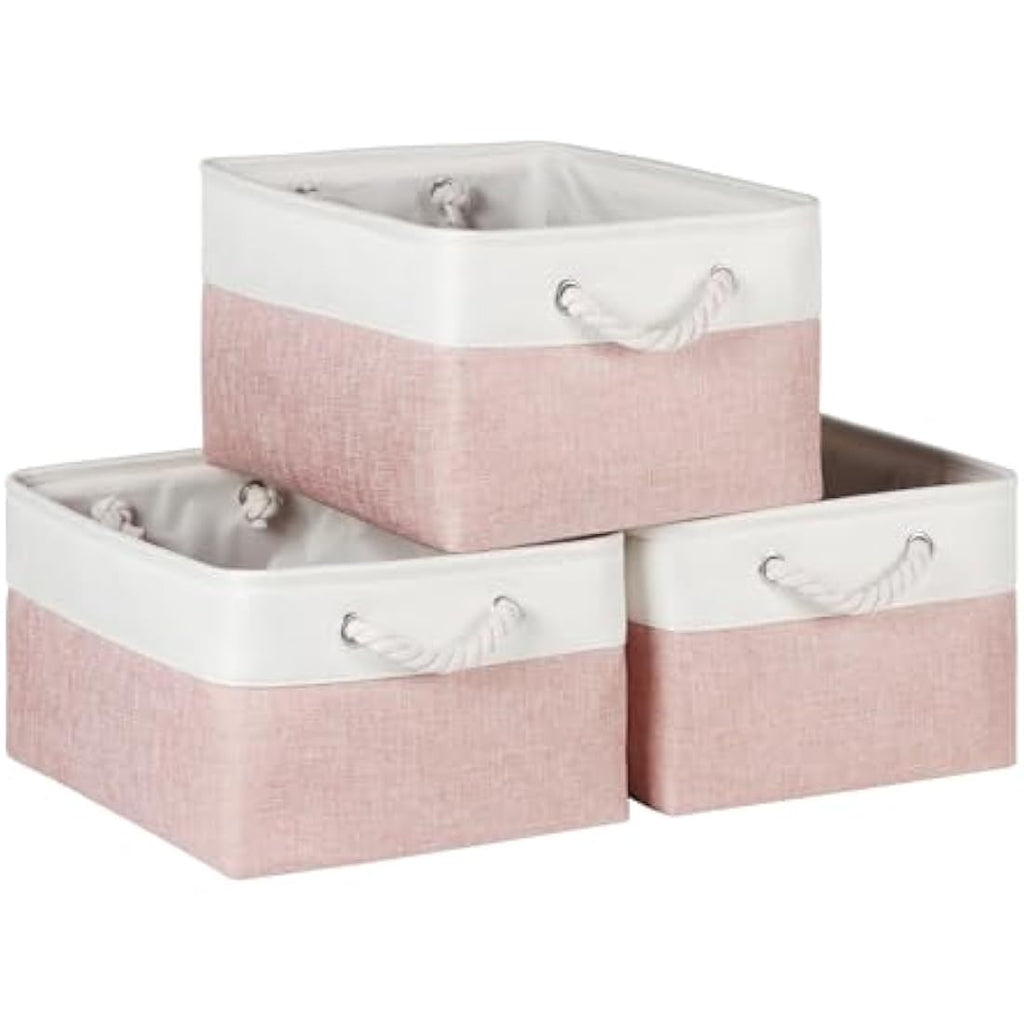 Fabric Storage Baskets for Shelves | 3-Pack Pink Linen Bins