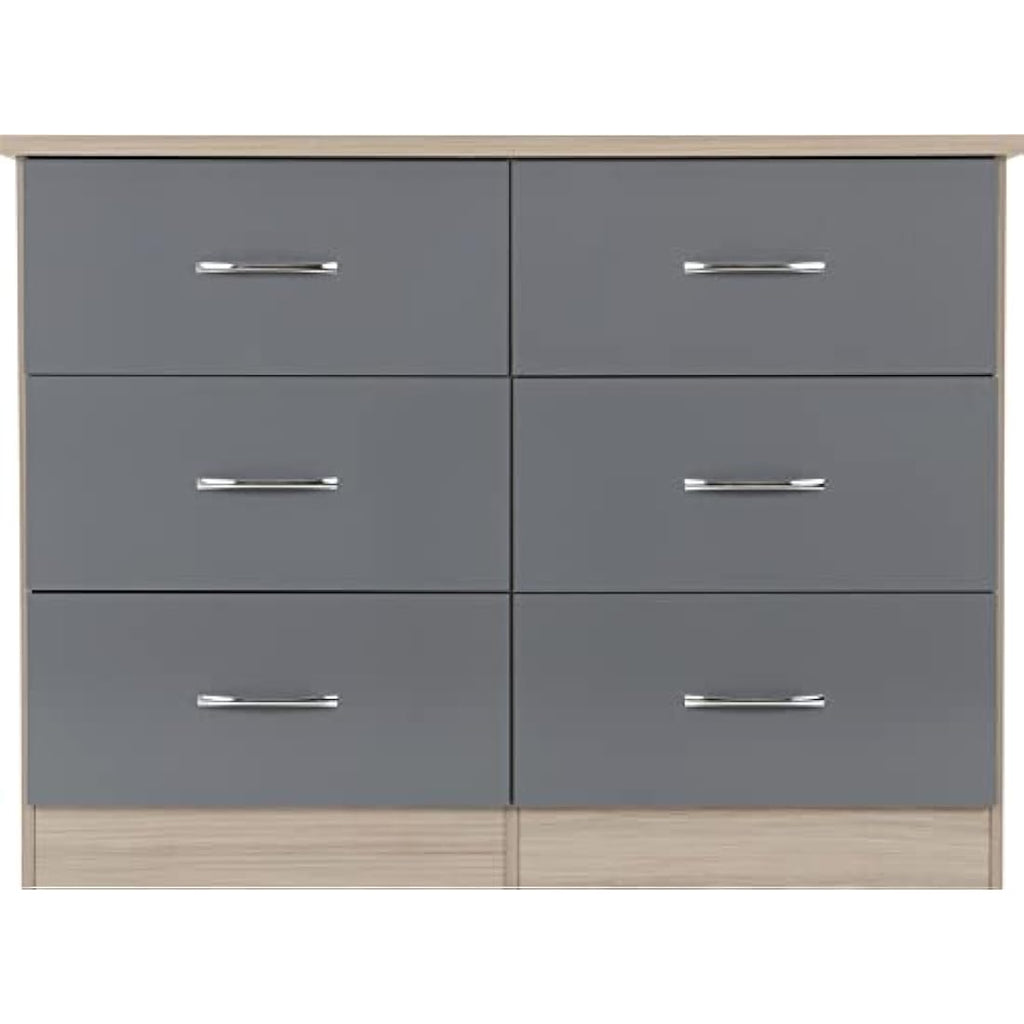 Seconique Nevada 6 Drawer Chest – Grey Gloss & Light Oak Dresser