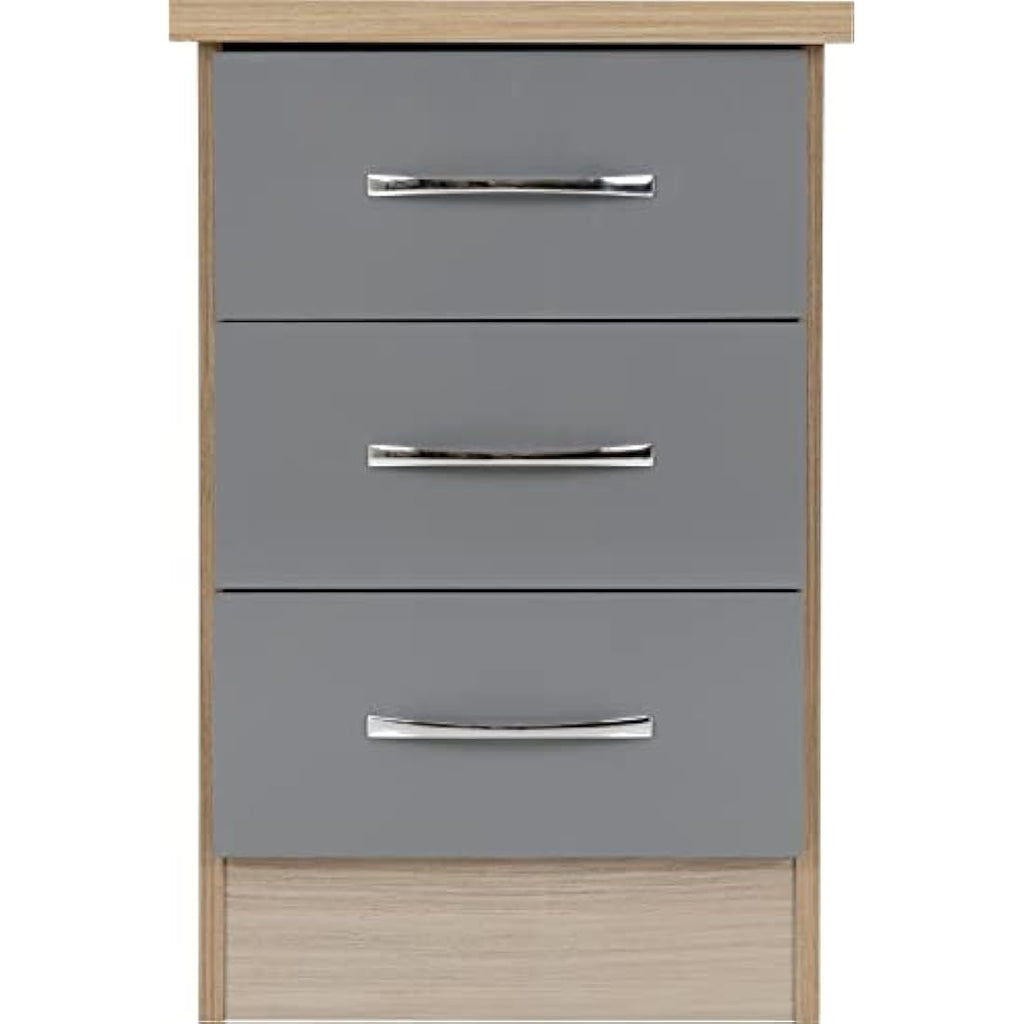 Seconique Nevada 3 Drawer Bedside Table – Grey Gloss & Light Oak