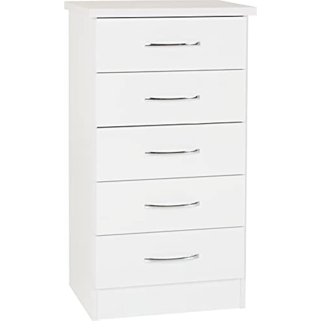 Seconique Nevada 5 Drawer Narrow Chest – White High Gloss Dresser