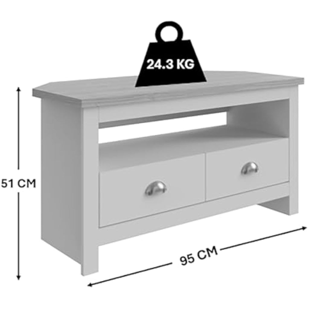 GFW Lancaster Corner TV Unit – Cream Wood Cabinet with 2 Drawers