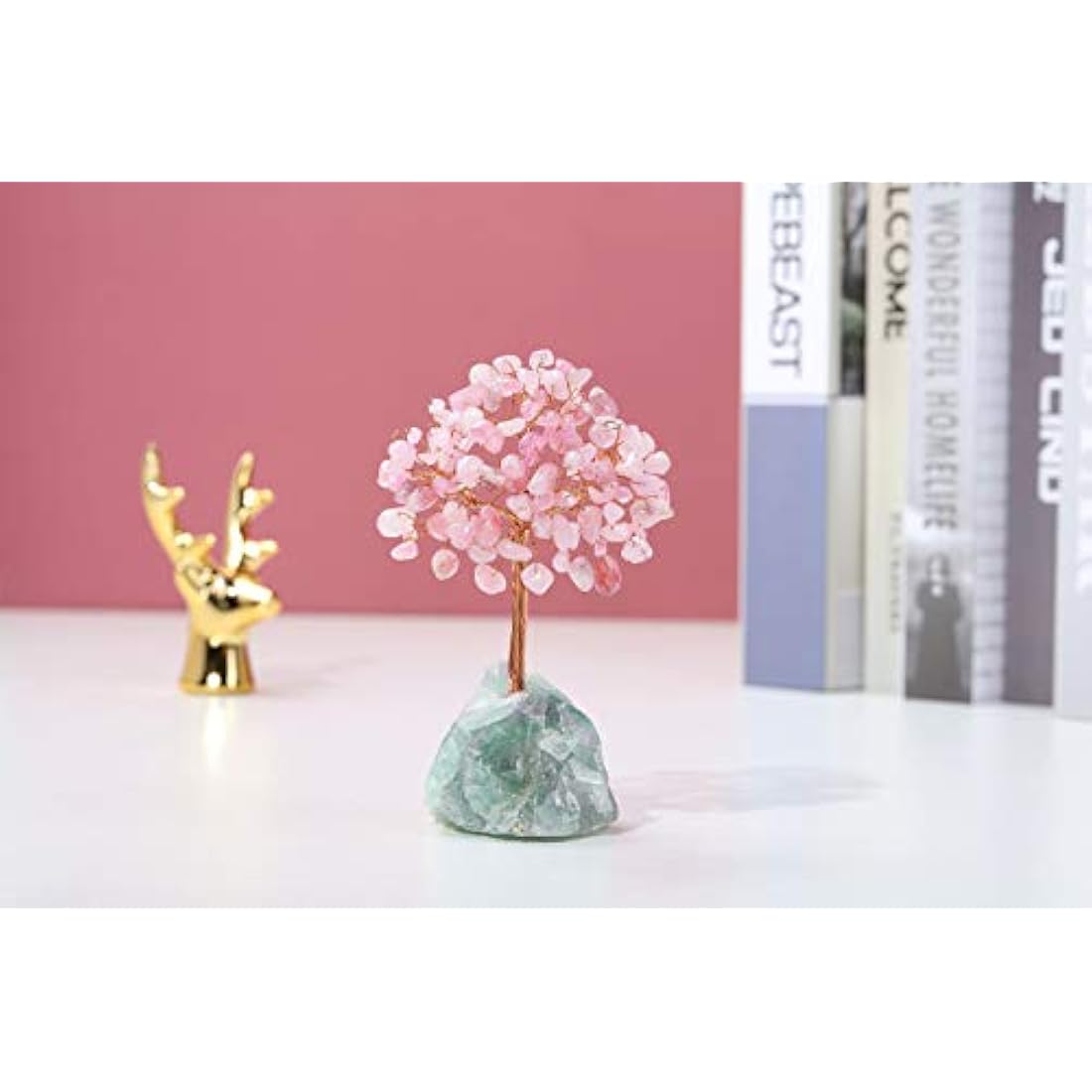 JSDDE Rose Quartz Crystal Money Tree – Feng Shui Healing Gemstone Decor