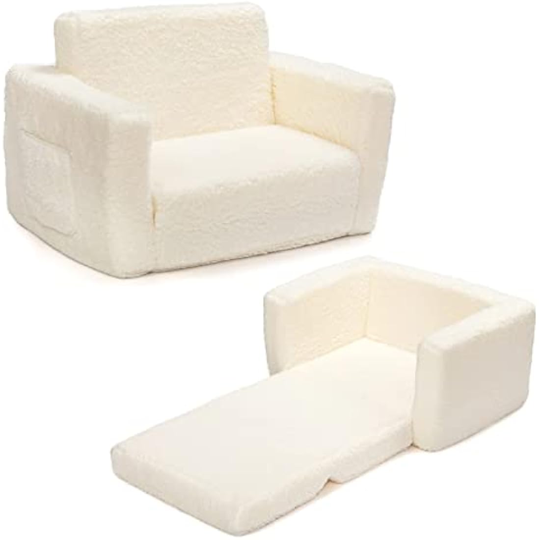 BEJOY Kids 2-in-1 Flip Out Sofa Bed – Sherpa Toddler Convertible Chair, White