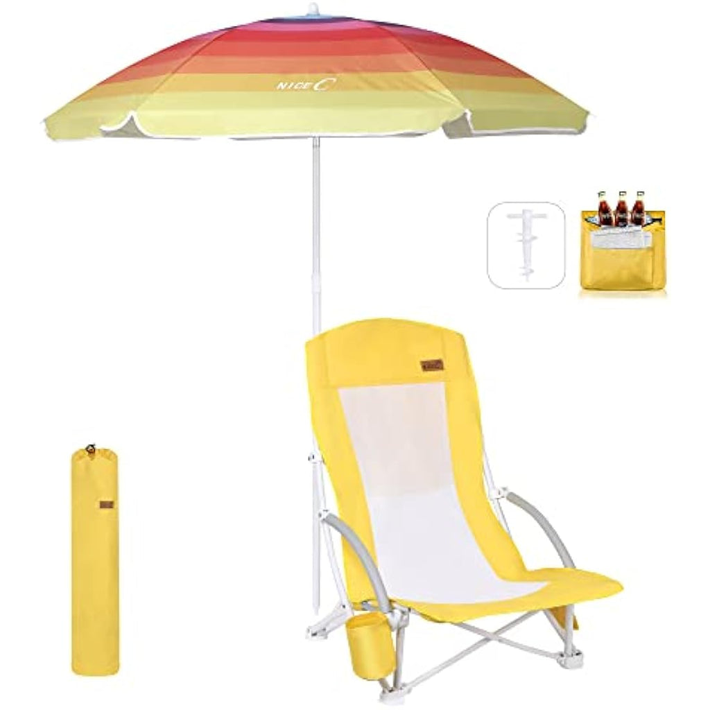 Nice C High Back Beach Chair with UPF 50 Umbrella and Cooler Bag – Yellow