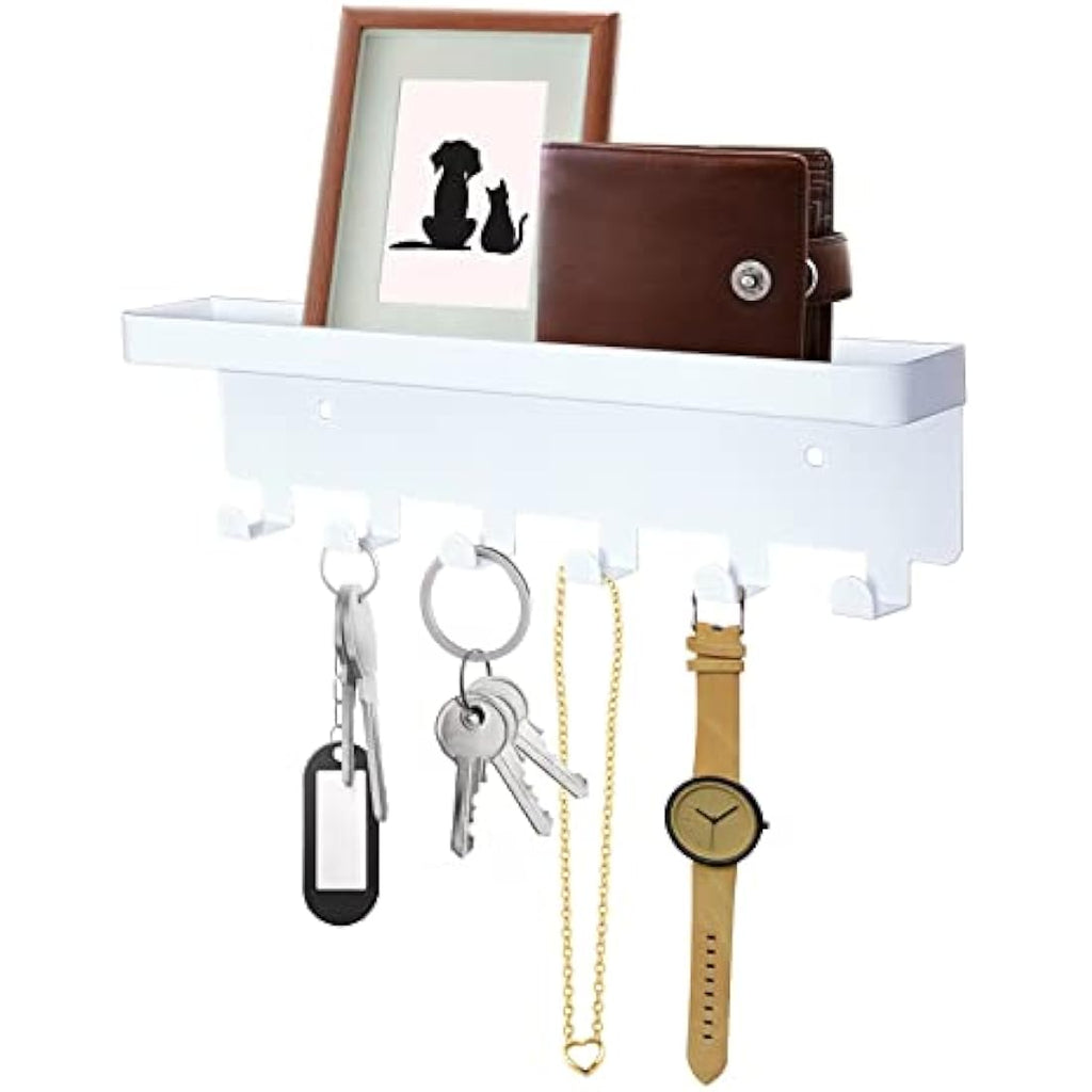 Wall Mounted Key Holder with Mail Tray - 6 Hooks, White Metal