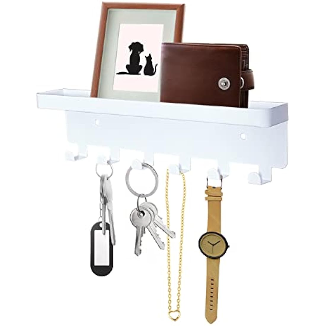 Wall Mounted Key Holder with Mail Tray - 6 Hooks, White Metal