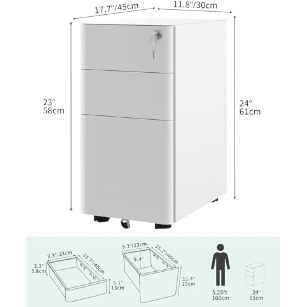 YITAHOME 3-Drawer Mobile Filing Cabinet | Lockable Steel Office Pedestal