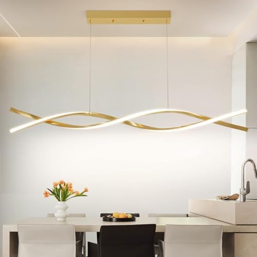 Mikeru Modern Wave LED Pendant Light – Gold Dimmable Kitchen Island Chandelier