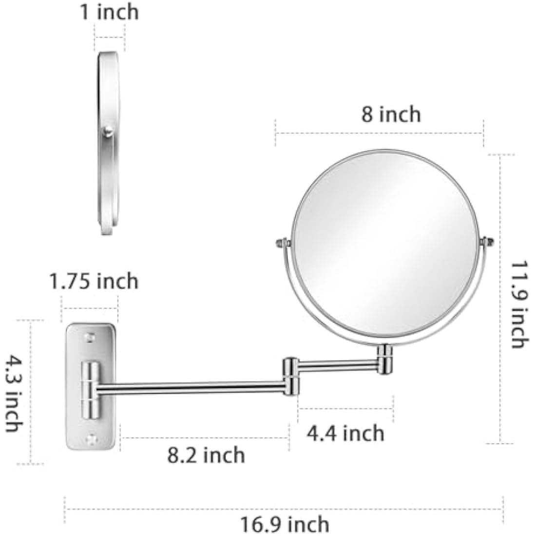AusDaur 10X Magnifying Wall Mounted Makeup Mirror | 8" Swivel Chrome