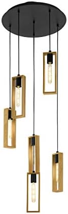Eglo Littleton 6-Light Industrial Pendant Lamp - Wood & Black Steel