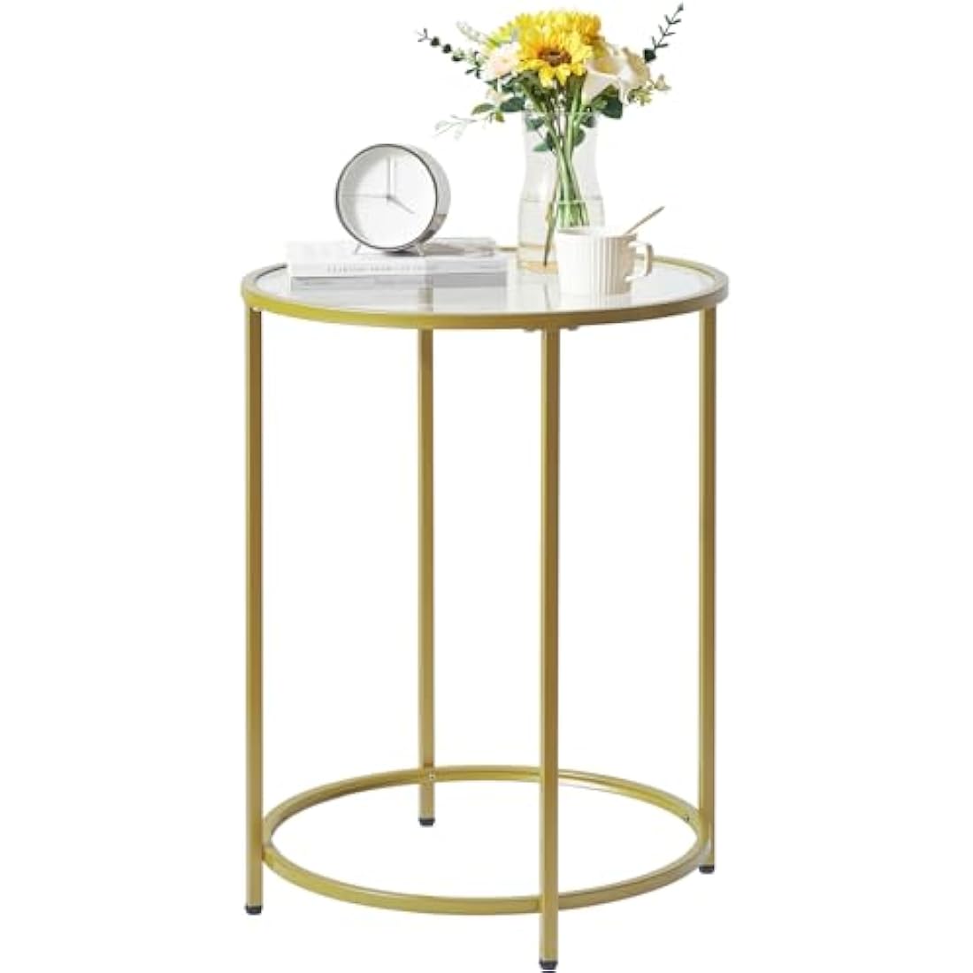 YMYNY Round Side Table | 2-Tier Gold Metal & Tempered Glass End Table