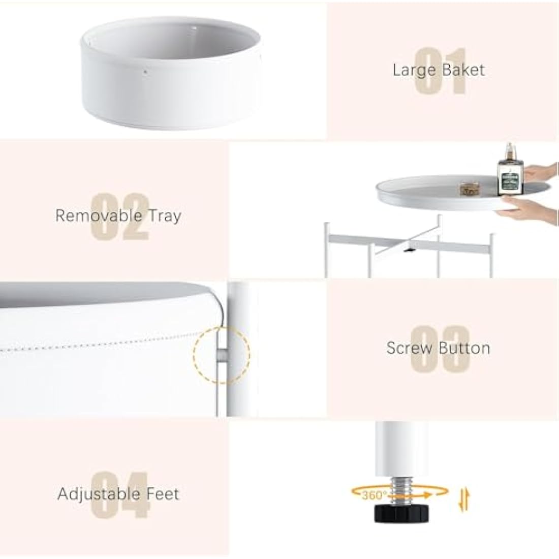Round End Table with Storage Basket and Removable Tray – White