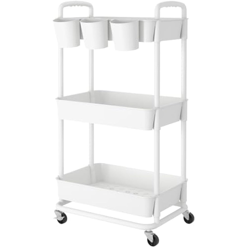 JIUYOTREE 3-Tier Rolling Utility Cart with Handles and Locking Wheels - White
