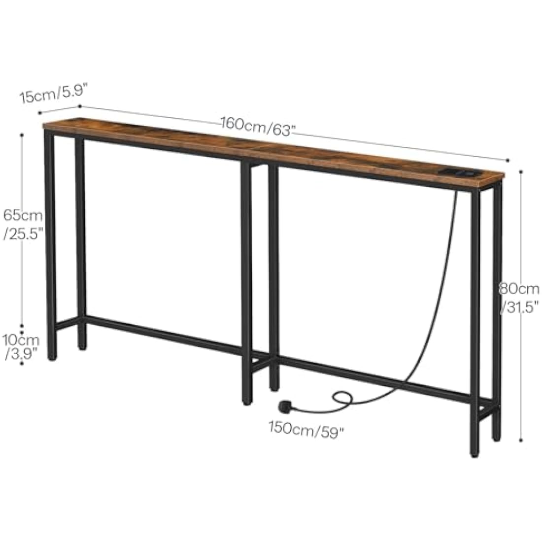 HOOBRO 160cm Narrow Console Table with Charging Station | Rustic Brown
