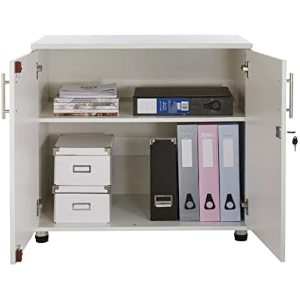 Lockable White Wood Storage Cabinet - 31.5" Office Cupboard