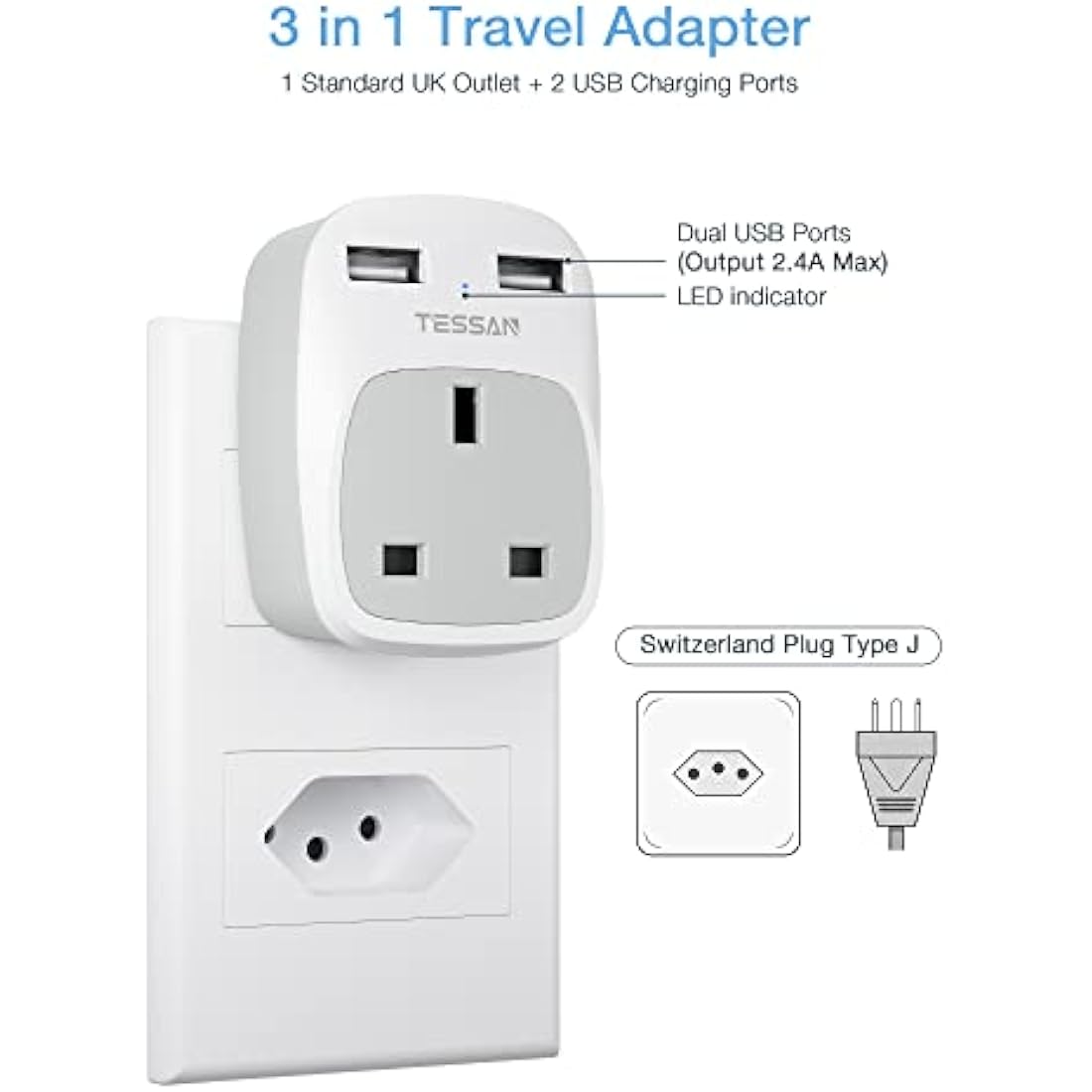 TESSAN UK to Switzerland Plug Adapter 2 Pack | Type J Travel USB Charger