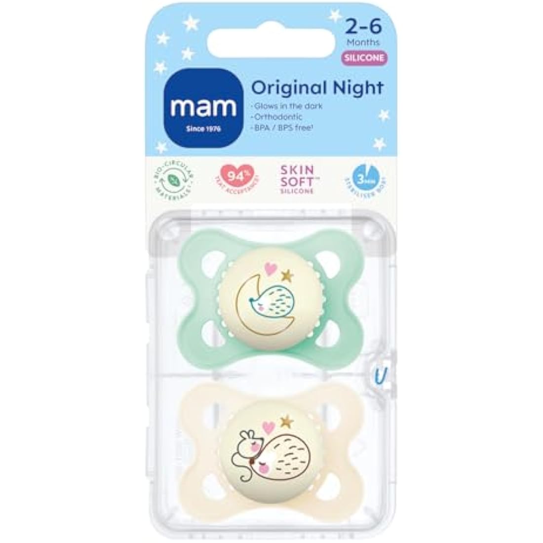 MAM Original Night Soothers | 0-6 Months | Glow in The Dark | 2 Pack