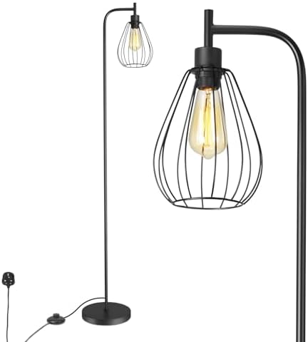 ArcoMead Industrial Floor Lamp – Black Metal Standing Light with Mesh Cage