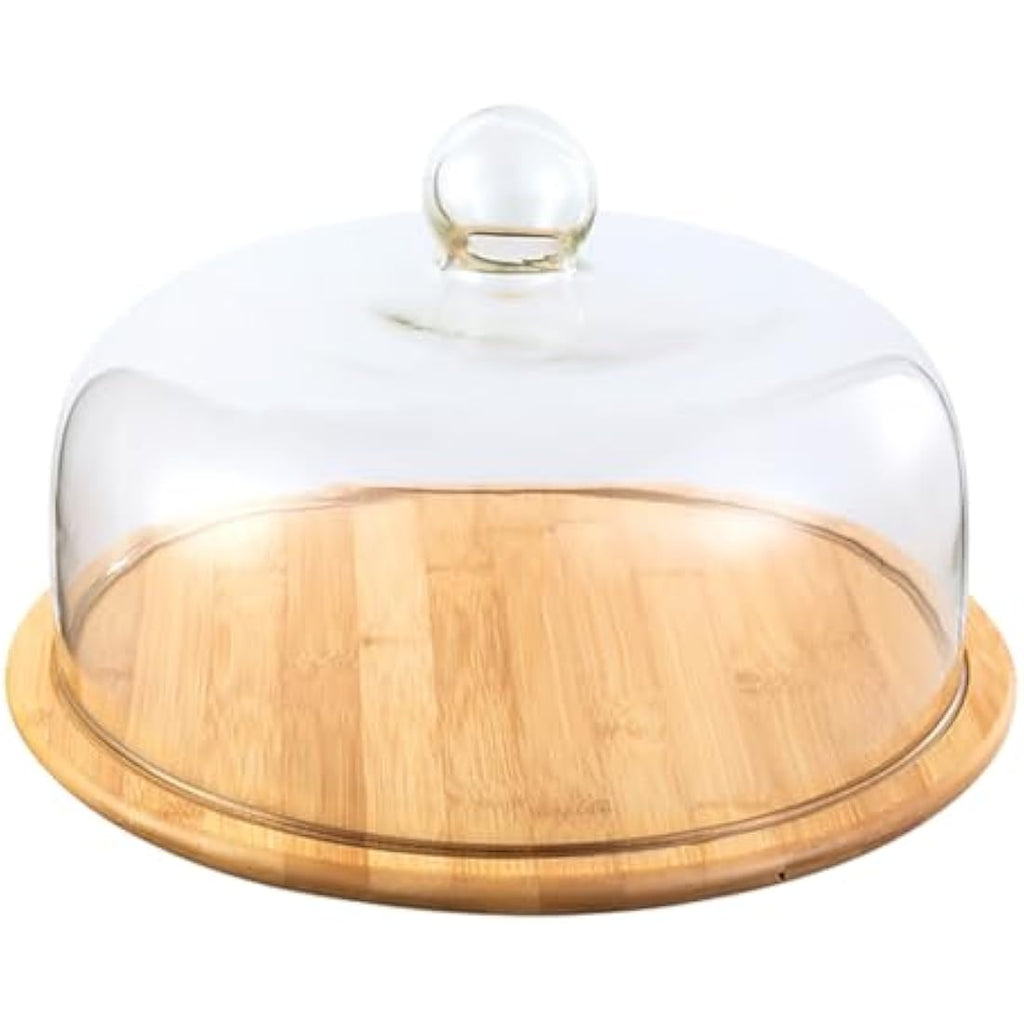 IMIKEYA Glass Cake Stand with Dome Lid | Wooden Pastry Display Tray