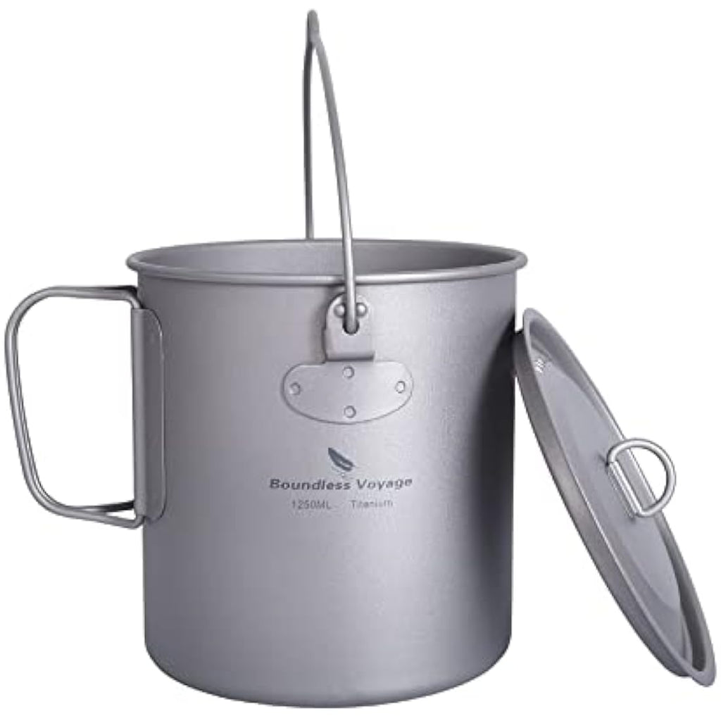 iBasingo 1250ml Titanium Camping Mug | Ultralight Outdoor Pot with Lid