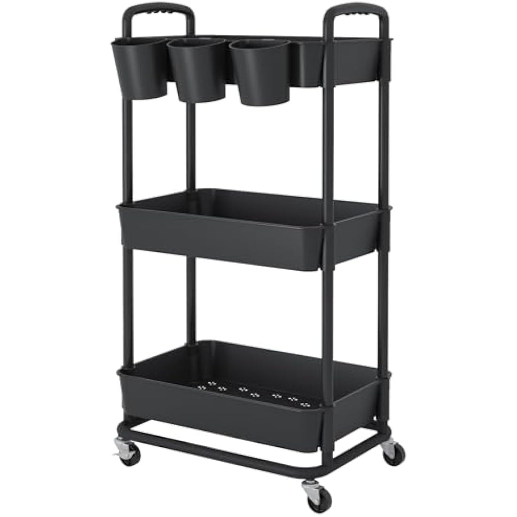 JIUYOTREE 3-Tier Rolling Utility Cart with Hanging Cups & Wheels - Black