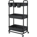 JIUYOTREE 3-Tier Rolling Utility Cart with Hanging Cups & Wheels - Black