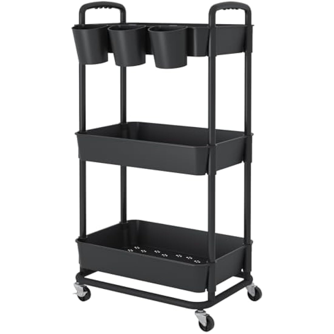 JIUYOTREE 3-Tier Rolling Utility Cart with Hanging Cups & Wheels - Black