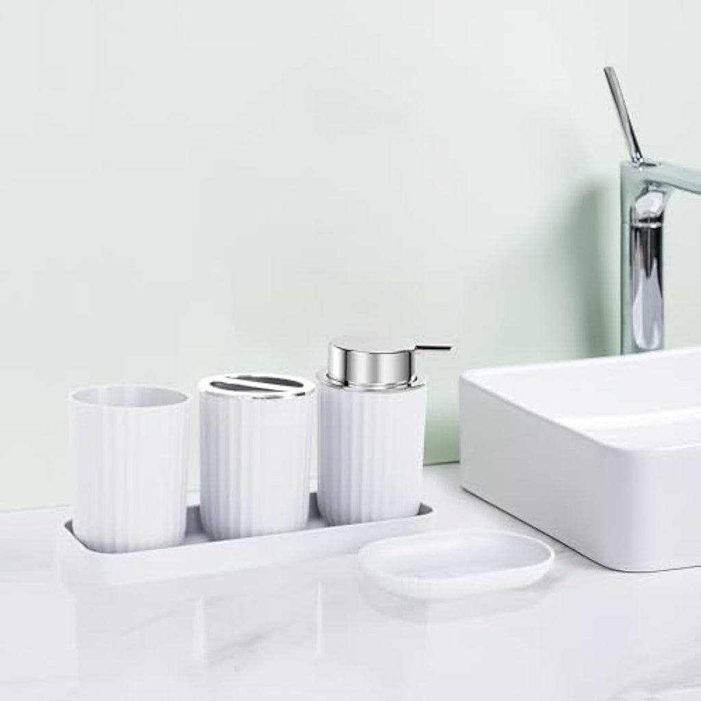 8-Piece Bathroom Accessories Set with Trash Can – White