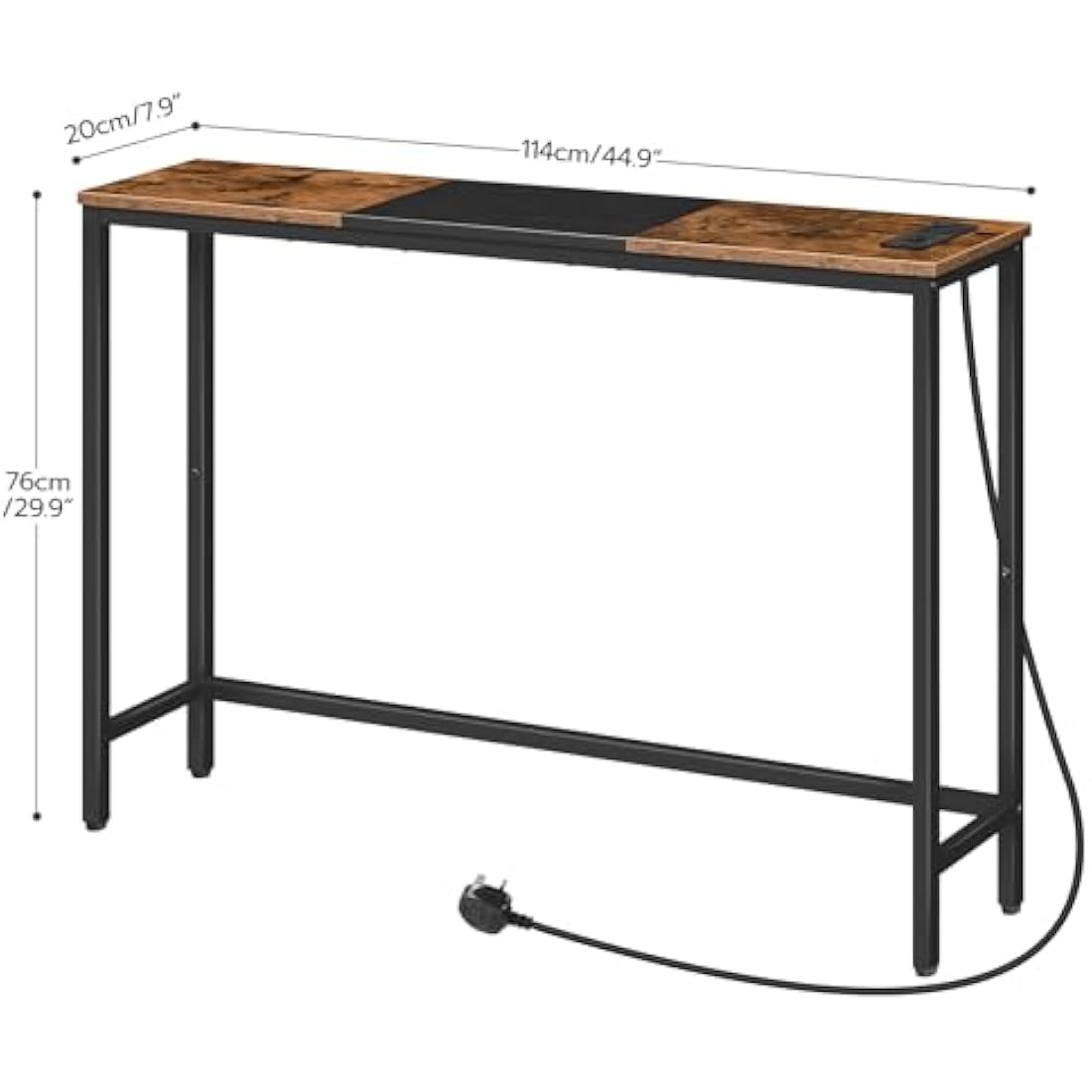 HOOBRO Slim Console Table with Charging Station | Rustic Brown and Black