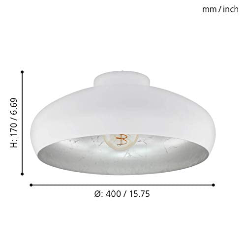 Eglo Mogano Industrial Flush Ceiling Light | White & Silver Steel E27