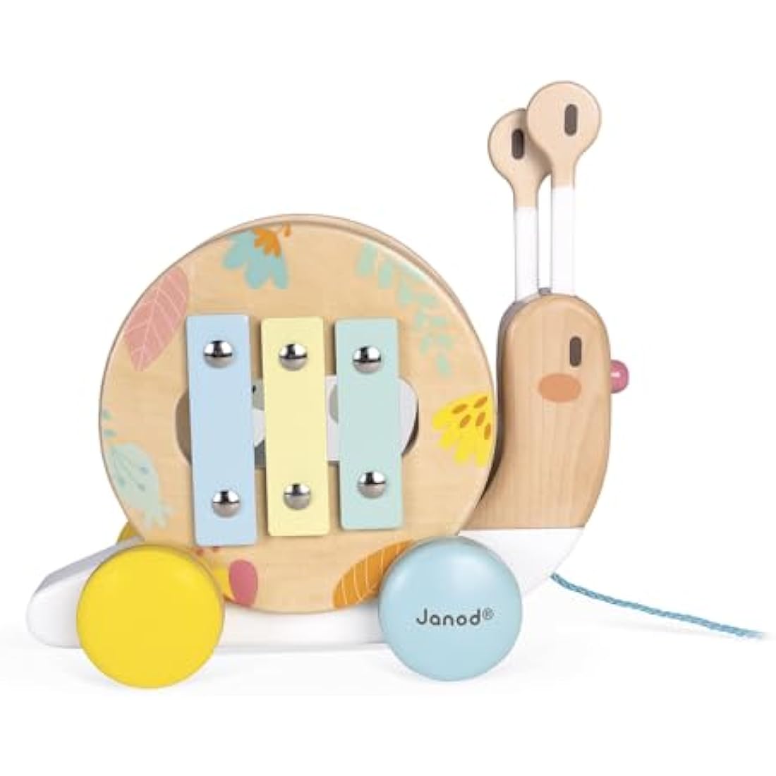 Janod Pure Wooden Pull-Along Snail | Musical Xylophone & Tambourine Toy