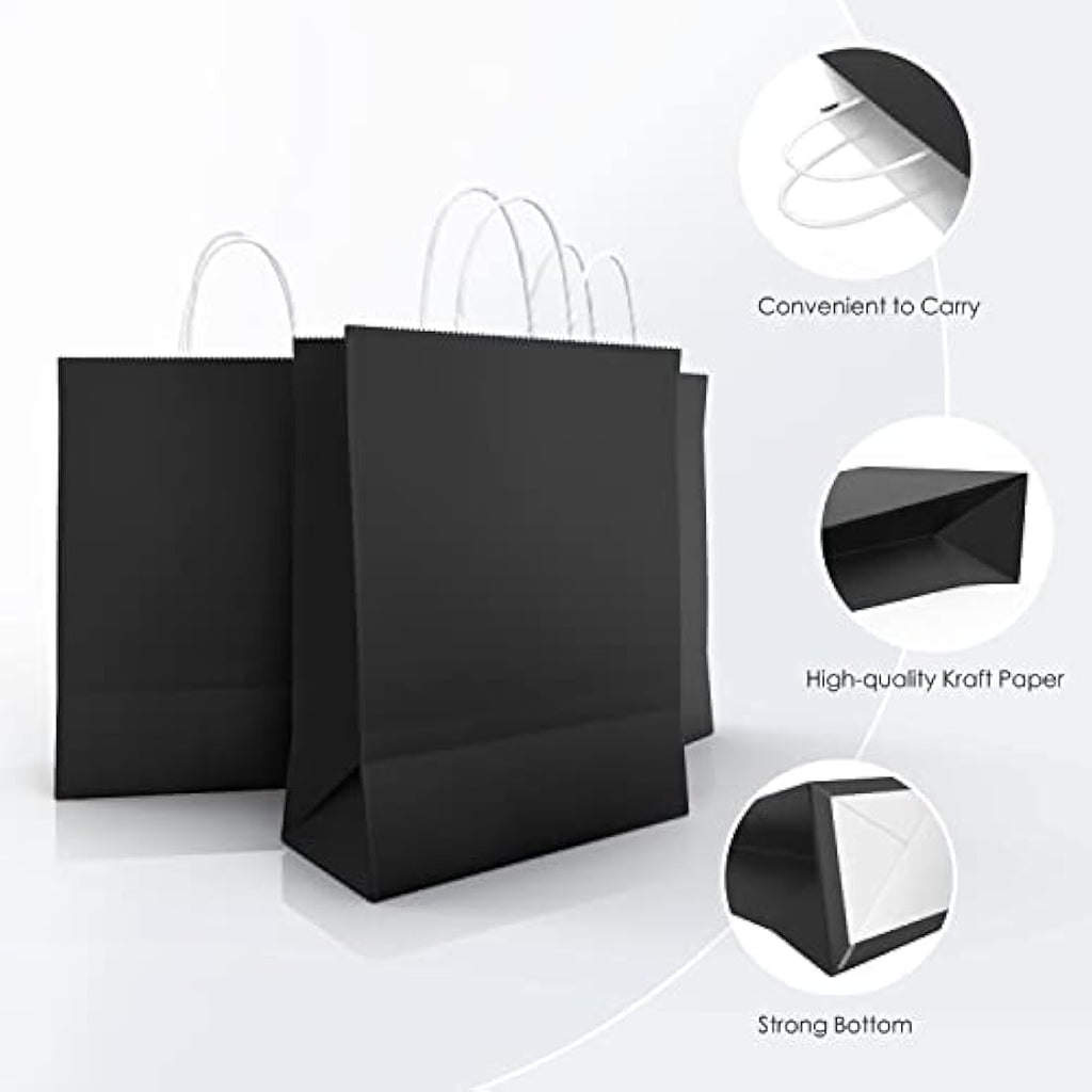 OWill Black Kraft Paper Gift Bags with Handles - 30 Pcs (16x8x22 cm)