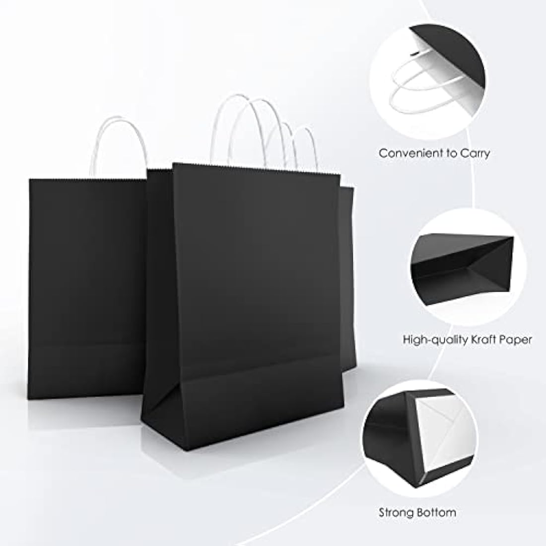 OWill Black Kraft Paper Gift Bags with Handles - 30 Pcs (16x8x22 cm)