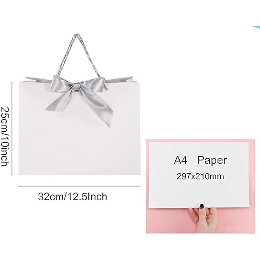 Jolof Store White Paper Gift Bags with Silver Bows - 10 Pack Large